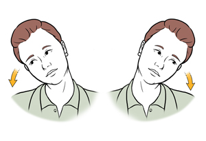 Woman doing neck side bending exercise by tipping head to each side.