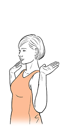 Mujer con los brazos hacia los lados, los codos flexionados, las palmas hacia arriba.